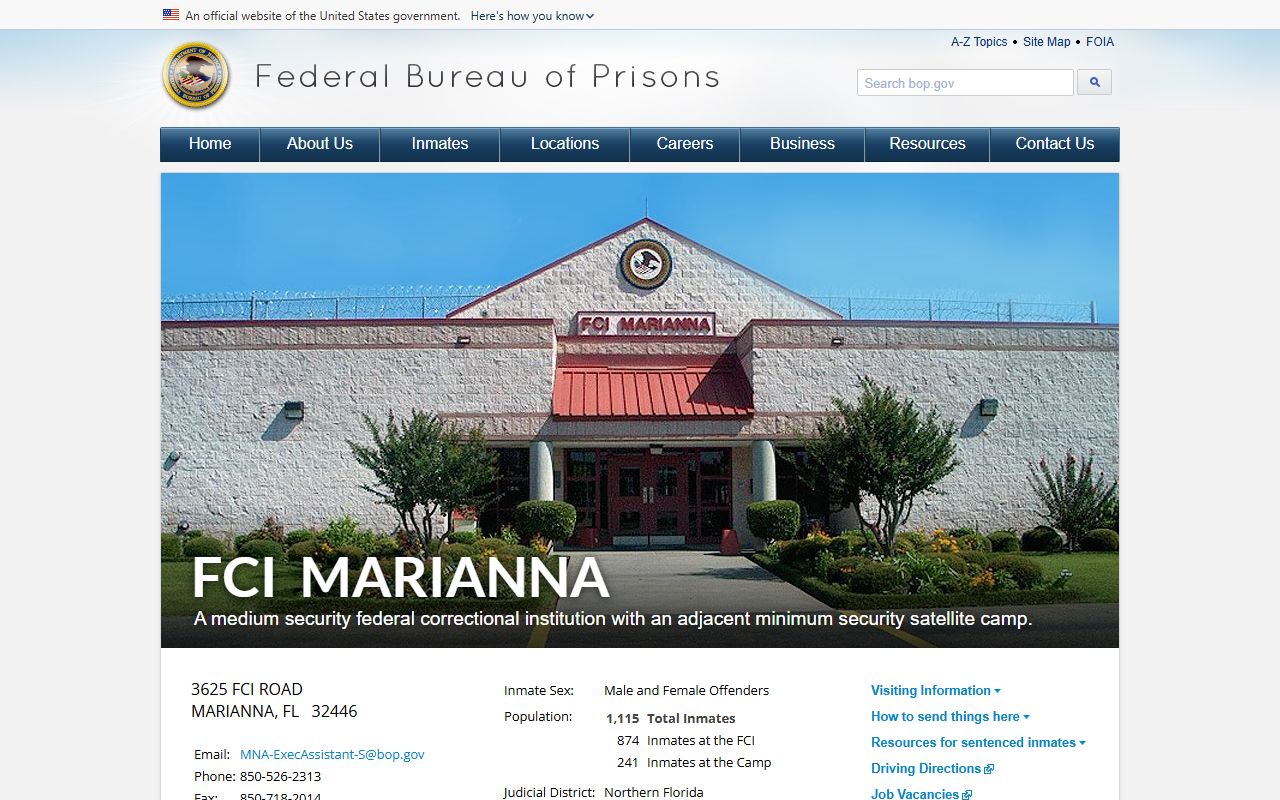 Federal Correctional Institution Marianna BOP institution page in Jackson County, Florida