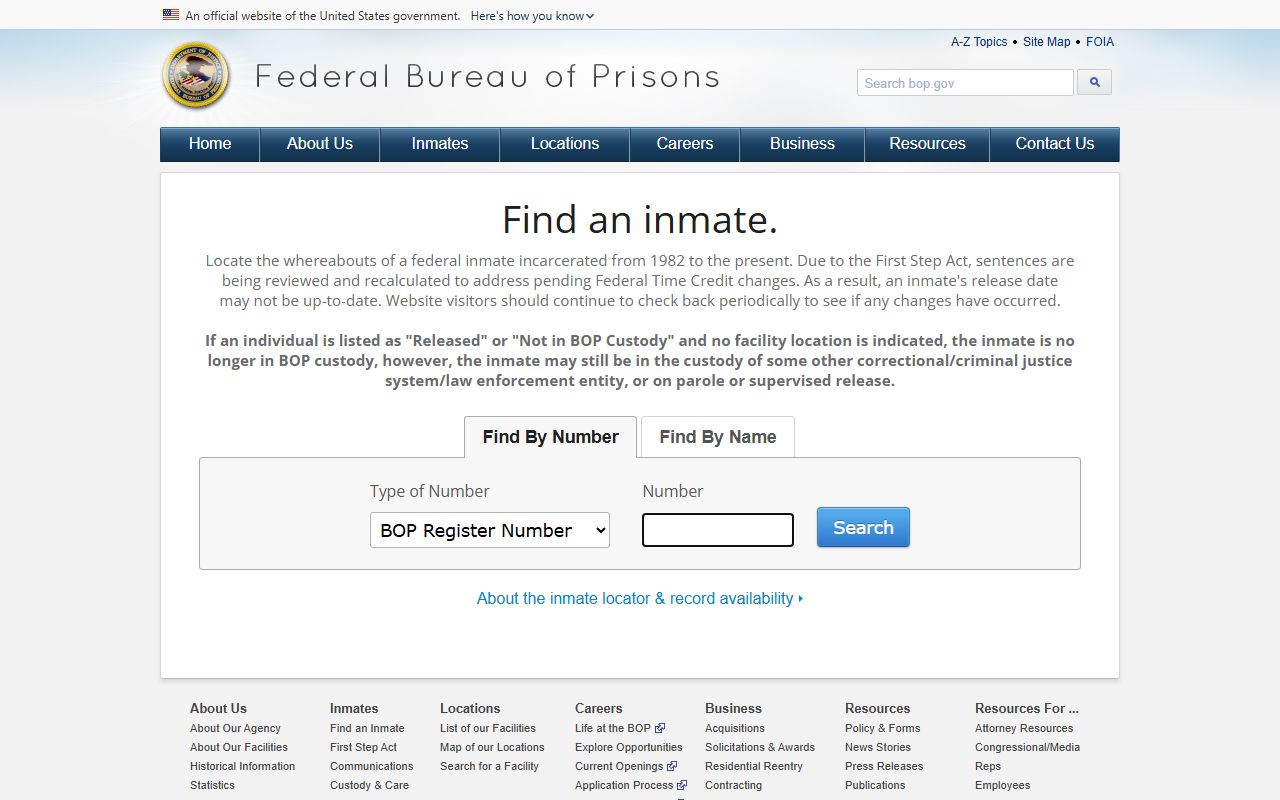 BOP Inmate Locator search page for federal inmates at FCI Marianna