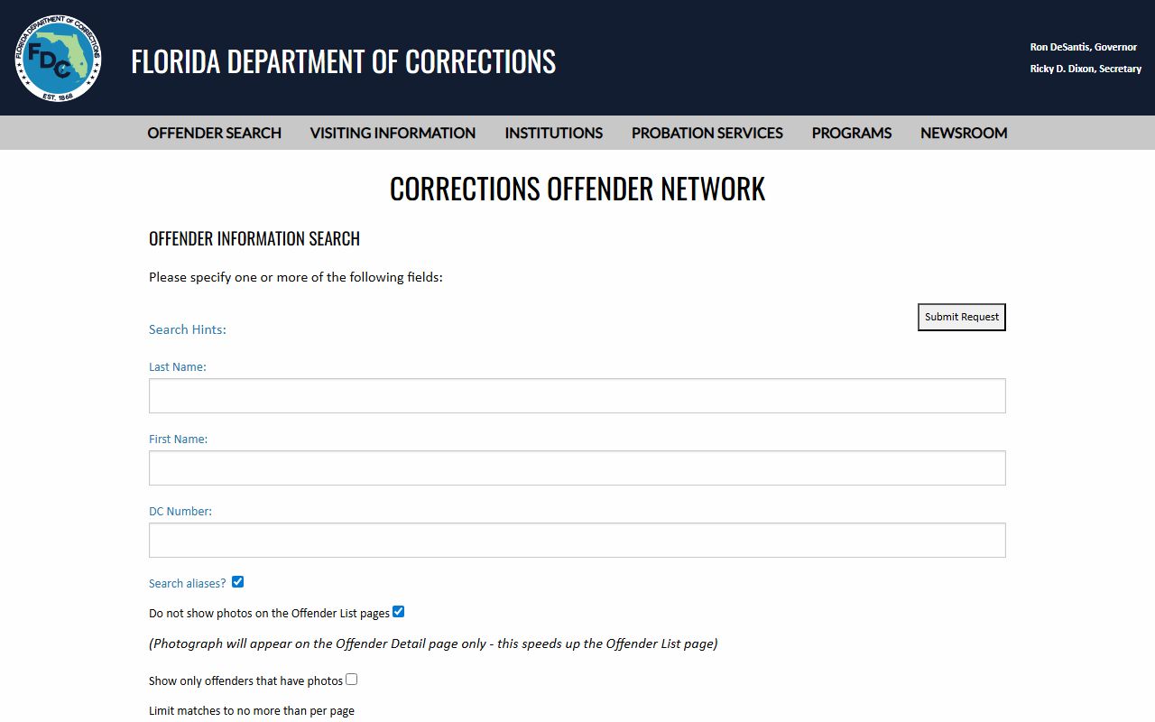 Florida Department of Corrections offender search used to look up Graceville Work Camp inmate population