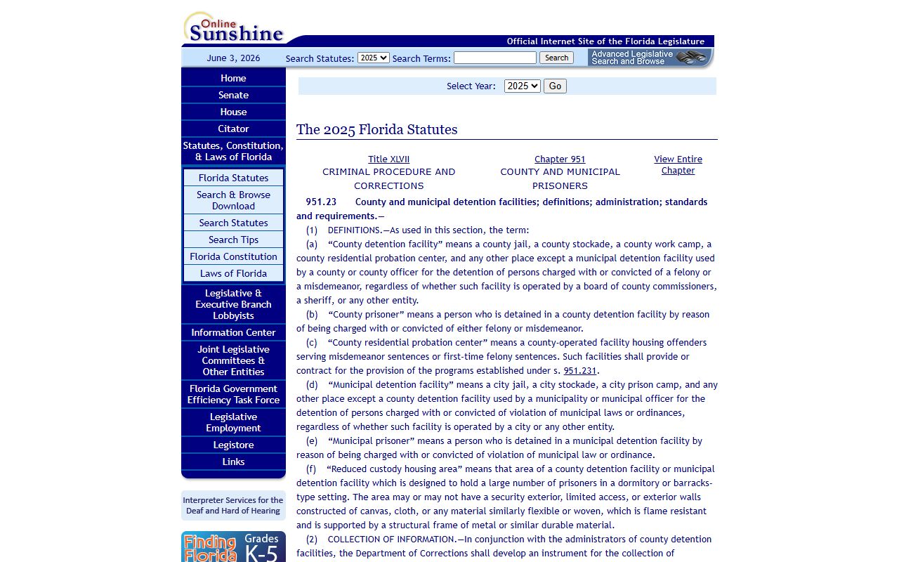 Florida Statute 951.23 jail standards page for the Jackson County inmate population