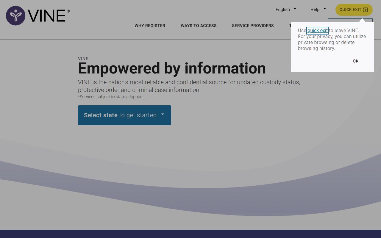 VINELink state selection screen for Jackson County inmate custody notifications